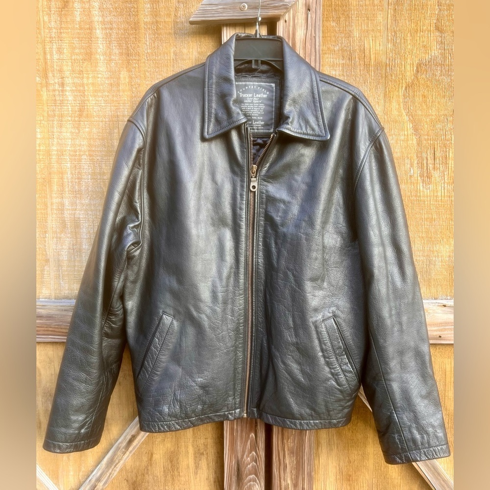 Vintage Trucker Leather Black Zip-Up Jacket – Size L, Country Field